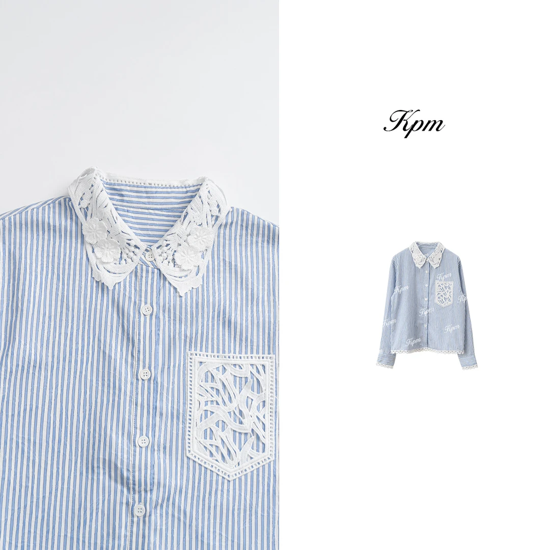 2025春季新款时尚气质百搭显瘦条纹衬衫女刺绣立领洋气长袖JN7058