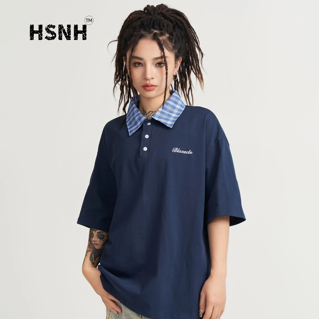 HSNH美式简约风假两件情侣格子透气宽松日系翻领时尚户外短袖T恤