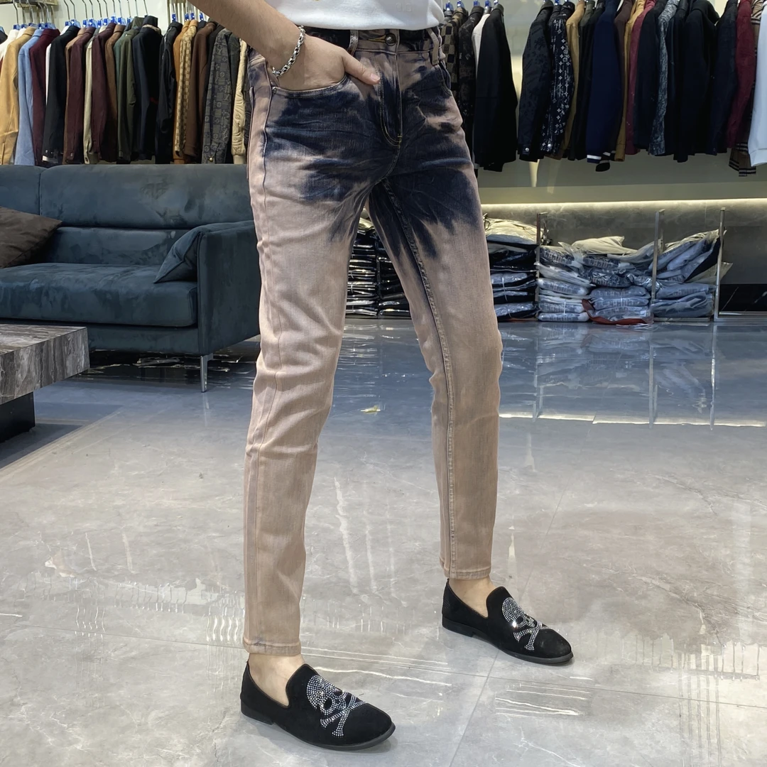 【也许家】新品男士撞色小脚裤时尚个性潮流修身弹力牛仔裤KKC018