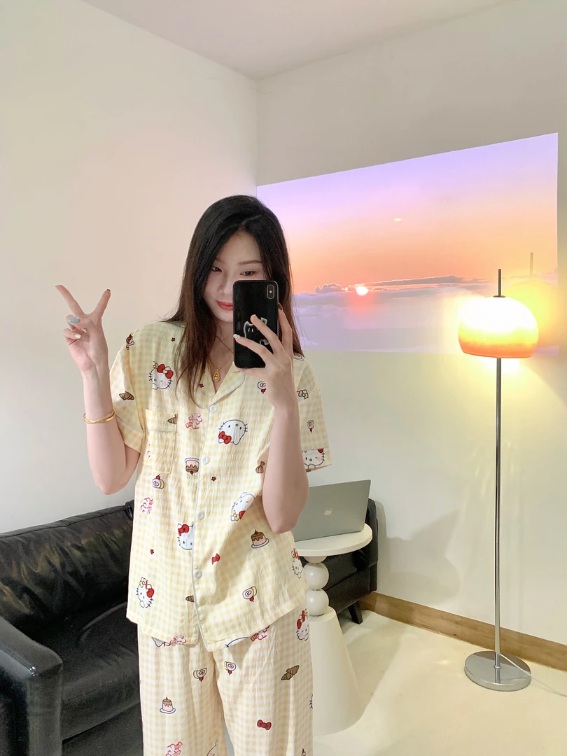 【可颂KT】日系可爱少女KT印花短袖睡衣夏季女薄款宽松家居服套装