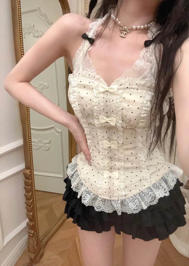 （601-700直播链接）辣妹吊带背心女夏季挂脖蕾丝法式鱼骨外穿内搭