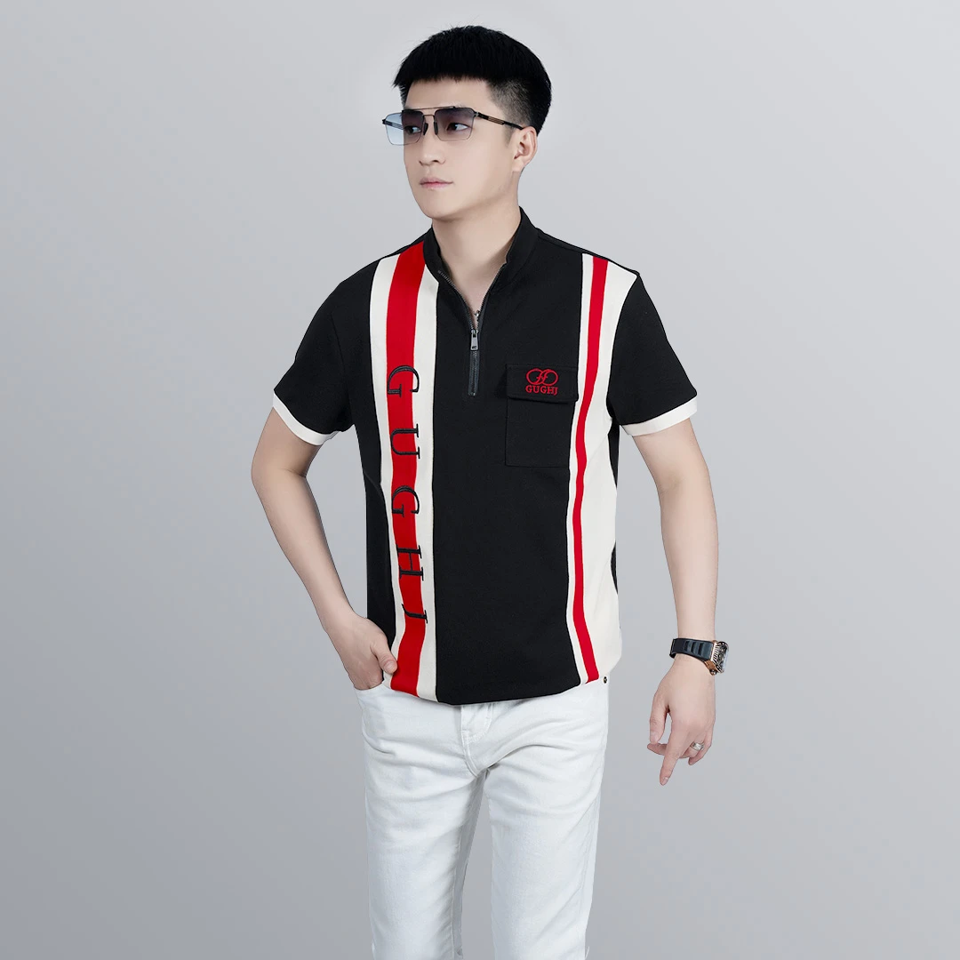 【莫斯吉尔】夏季轻奢时尚拼色拉链POLO衫潮流百搭休闲立领修身短袖