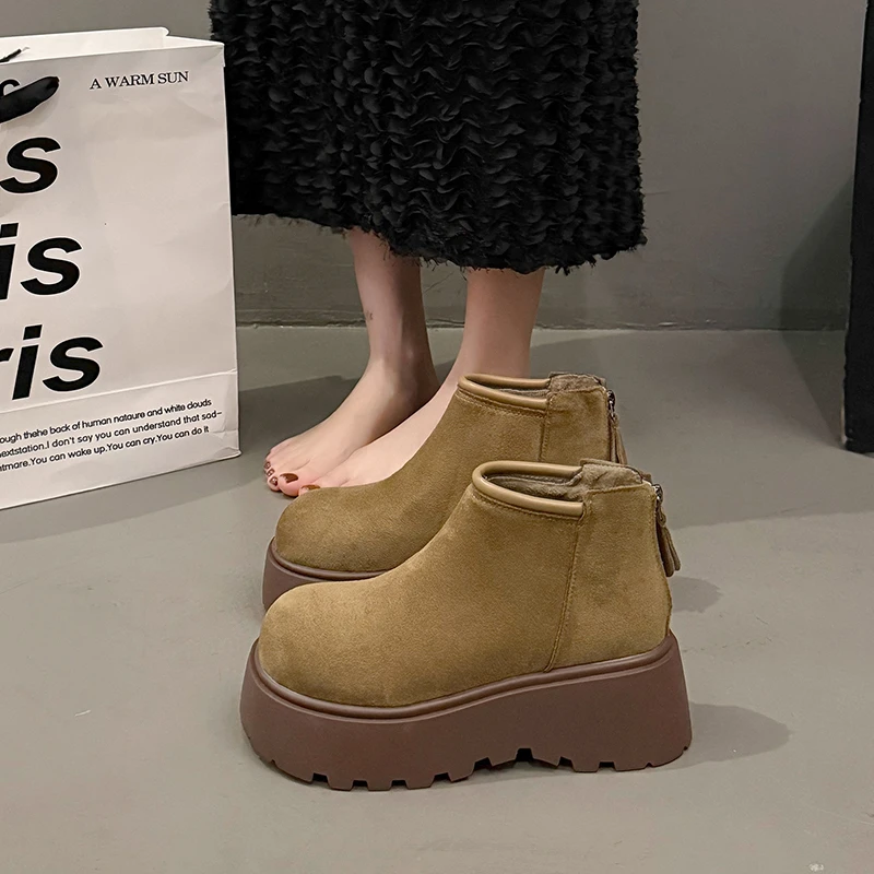 厚底增高6CM时尚勃肯短靴女2025冬季新款加绒后拉链百搭保暖棉靴