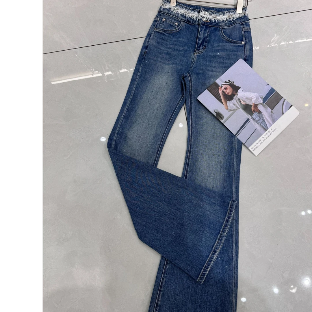 欧货2025春款轻奢烫钻高腰复古微喇裤牛仔裤显瘦显高弹力修身长裤