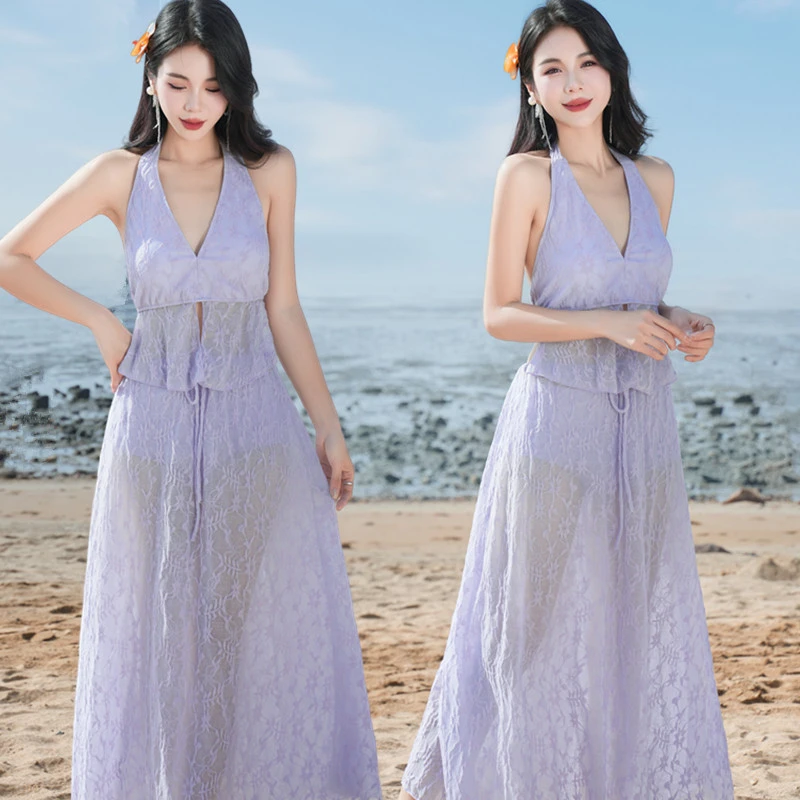 多巴胺绝美泳衣女分体比基尼三件套长裙沙滩海岛度假大码遮肉泳装