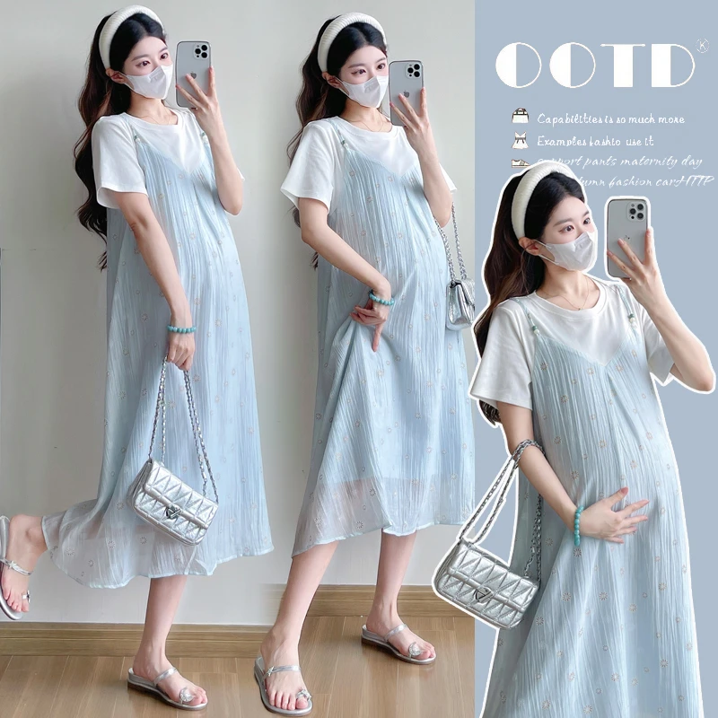 孕妇2025夏季新款韩版时尚气质显瘦洋气孕妇假两件中长款连衣裙