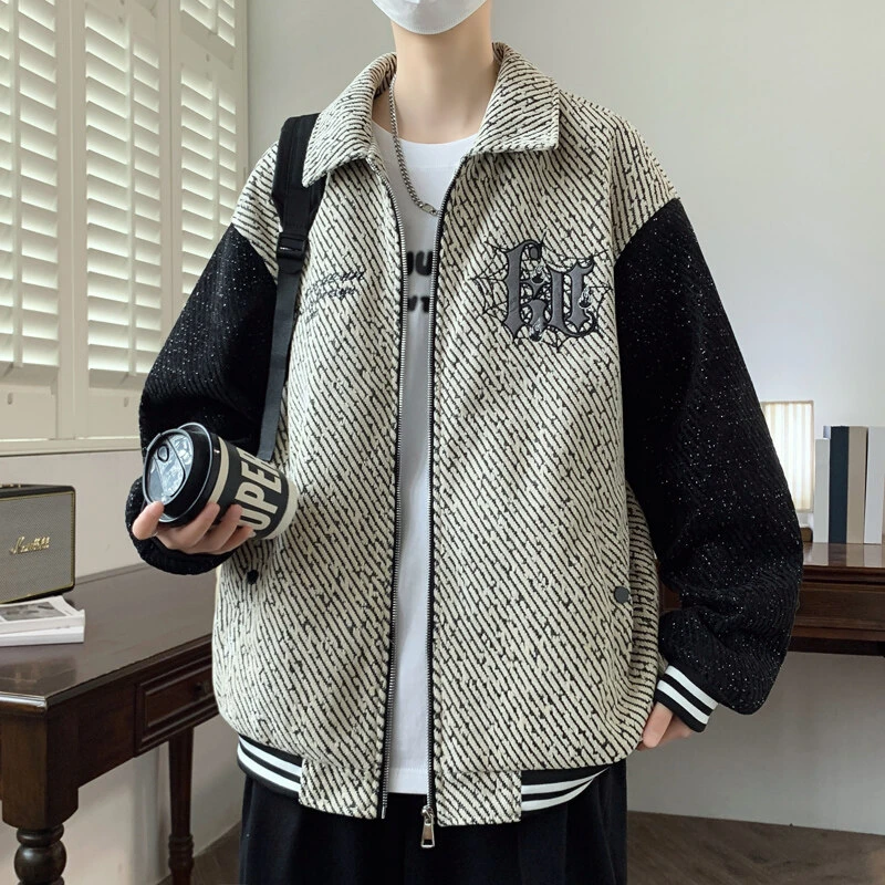 小香风外套男春秋款2025青少年新款潮流休闲翻领拼色夹克上衣男