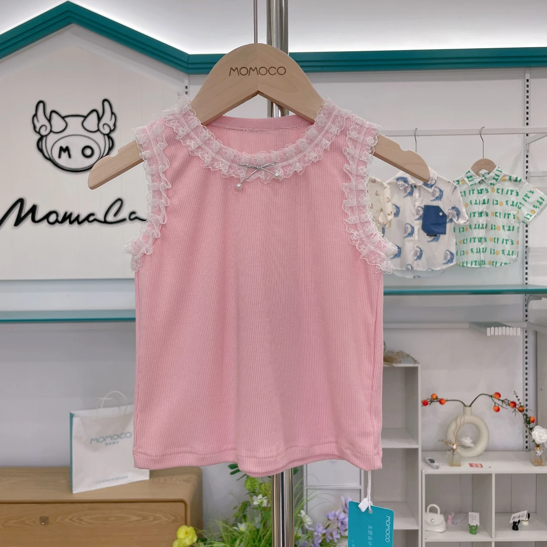 MOMOCO女童夏季儿童甜美纯色百搭蕾丝花边针织背心T恤77630233037