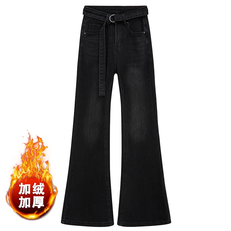 牛仔裤女刺绣黑色显瘦小个子微胖微喇裤高腰喇叭裤秋冬弹力显腿长