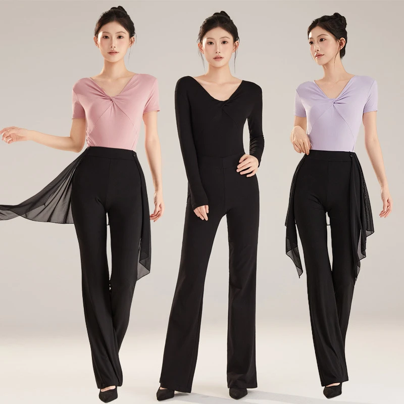 新款形体训练服装暗扣开裆舞蹈练功服女黑色连体套装表演走秀跳舞