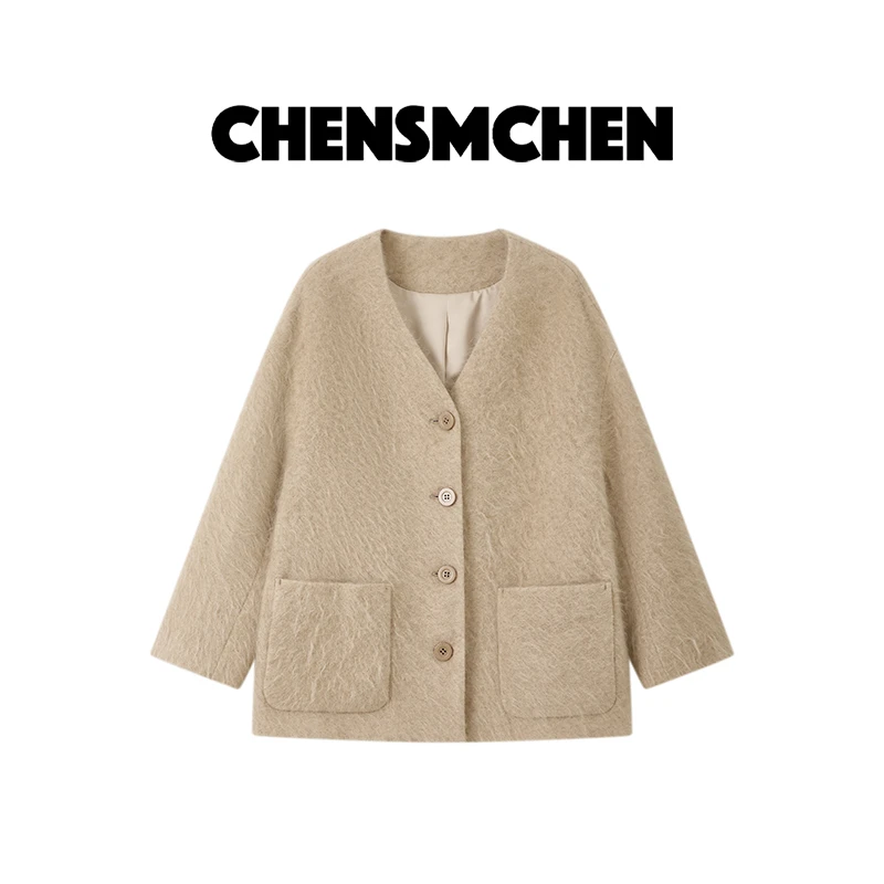 CHENSMCHEN 绵羊毛羊绒拉毛大衣女时尚气质宽松显瘦外套CSD9122WL