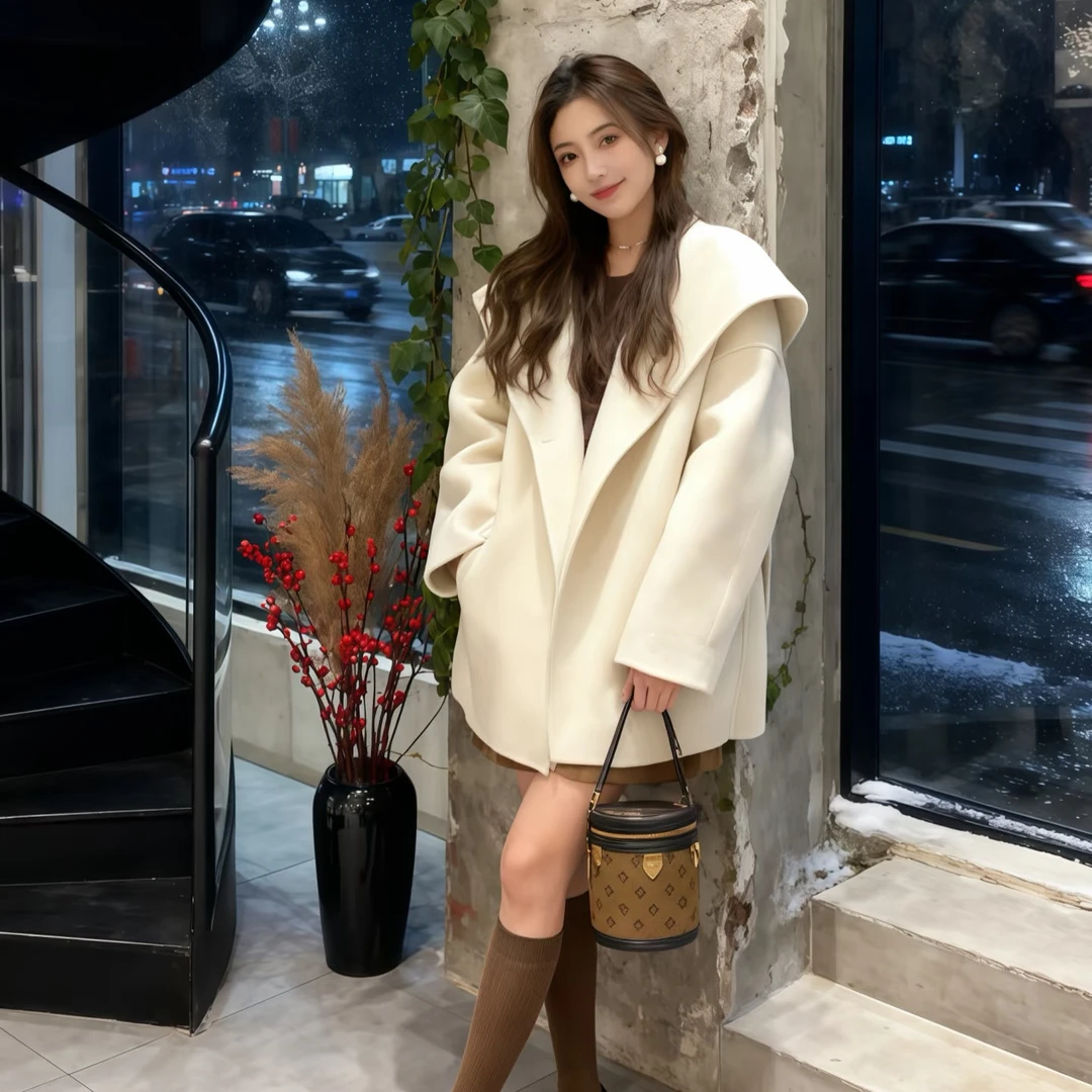 Serena秋冬百搭韩版时尚连帽宽松浴袍短款网红气质羊绒羊毛大衣