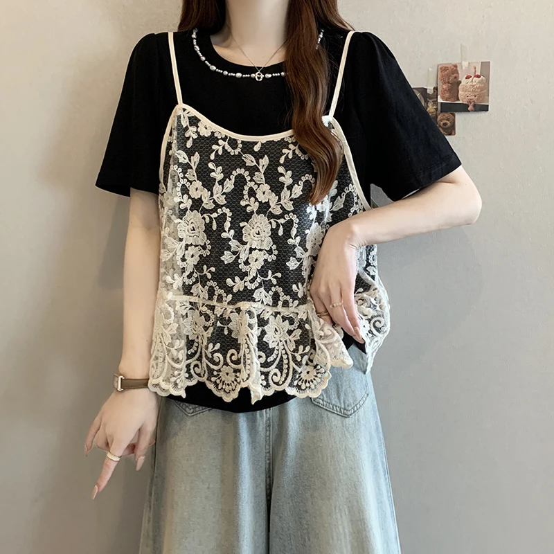 大码蕾丝吊带叠穿两件套短袖t恤女夏季胖mm宽松遮肉时尚百搭上衣