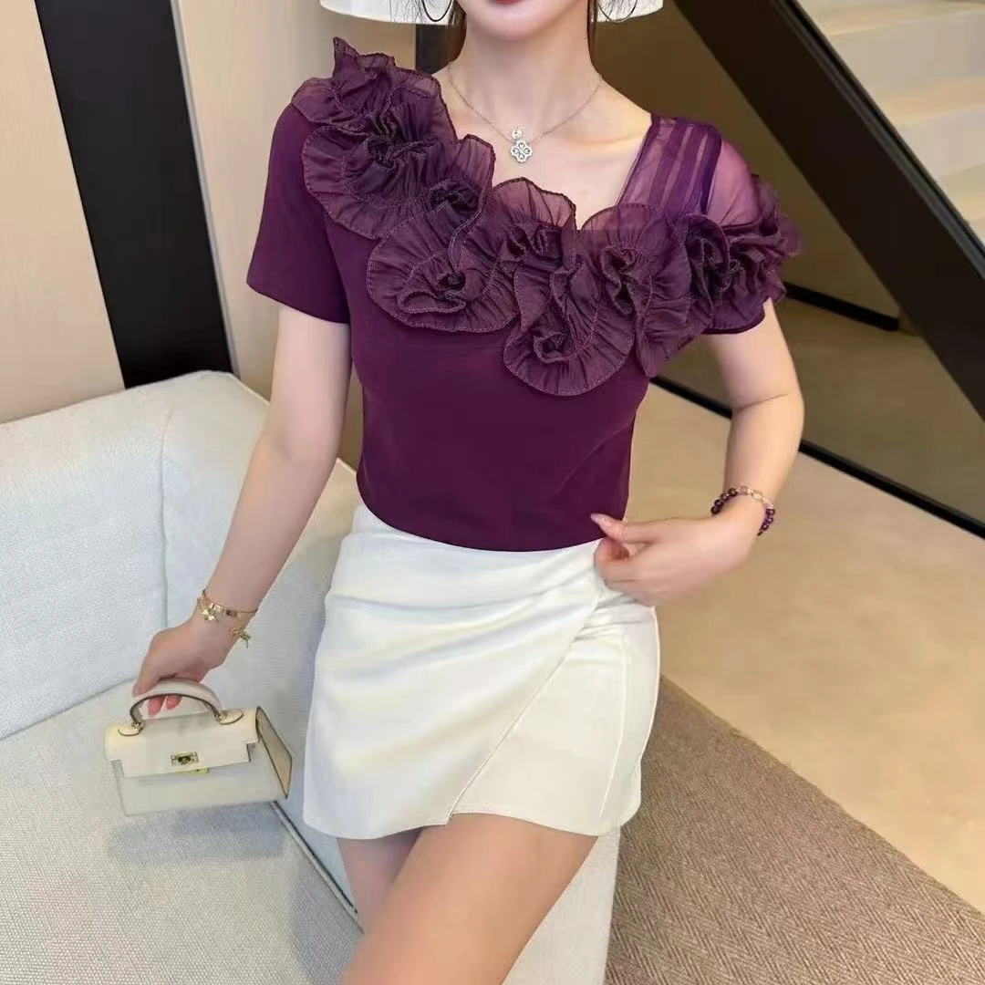 透气显瘦洋气褶皱气质小众常规款T恤防静电短袖女上衣时尚百搭