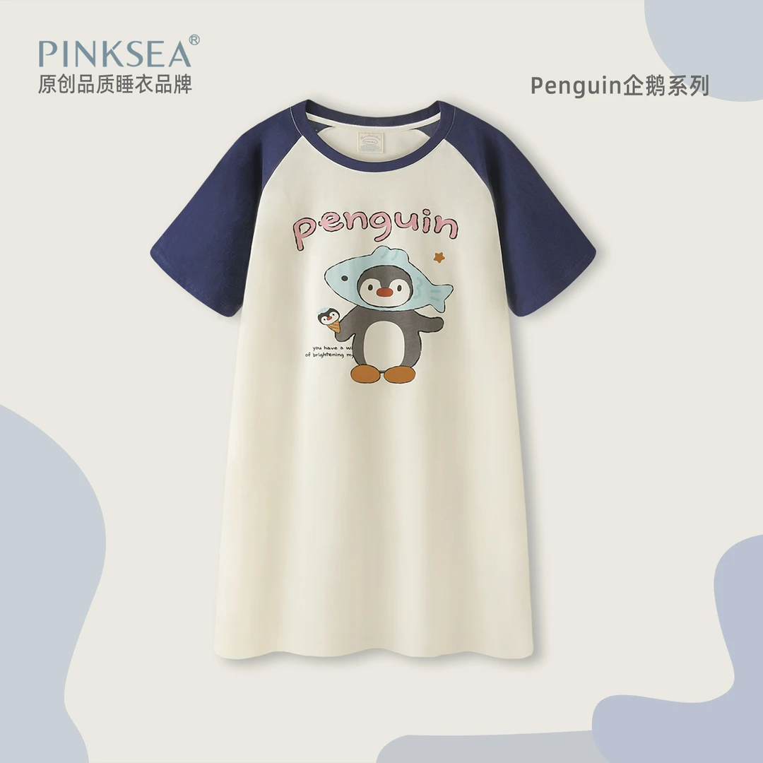 Pinksea纯棉睡裙女款夏天薄款卡通短袖宽松睡衣凉感中长裙可外穿