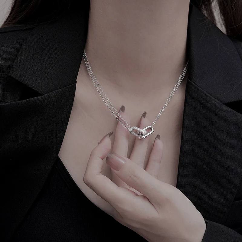坠链均925银 双层AB款马蹄扣纯银项链轻奢小众奢侈吊坠美拉德配饰