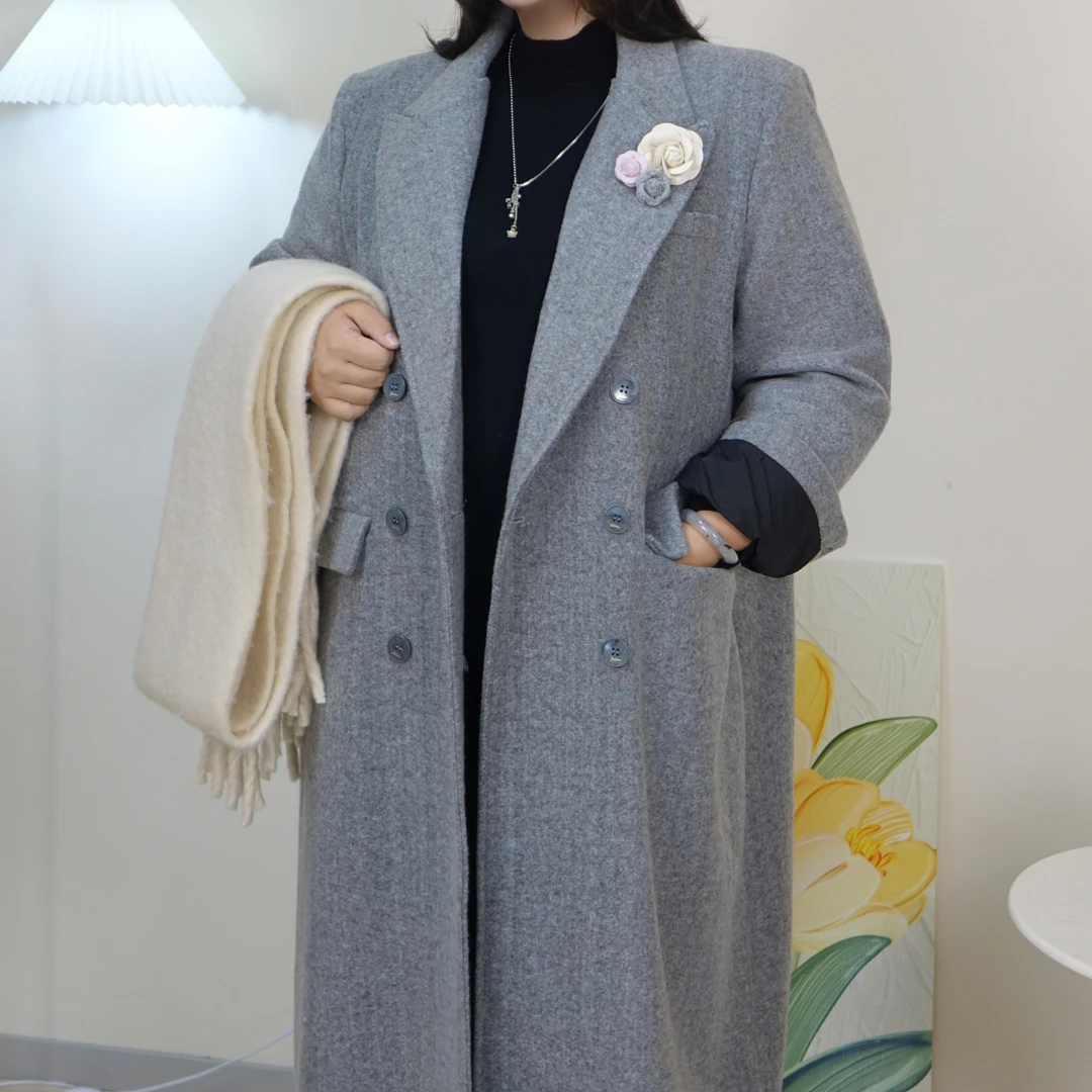 杂灰色长毛呢外套冬季极简垂坠感直身长款女士大衣毛呢西装