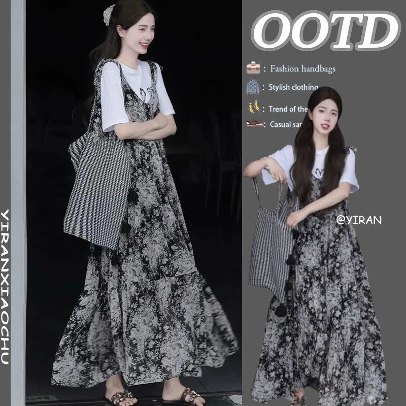 夏季套装女2025新款设计感气质小众碎花吊带连衣裙孕妇装洋气宽松