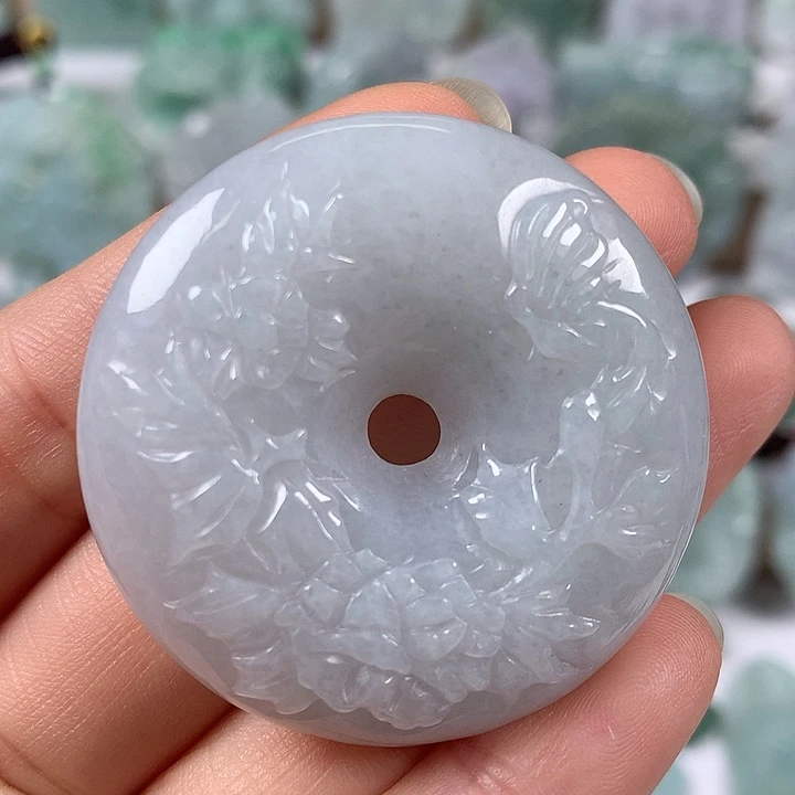 翡翠未镶嵌颈饰花开富贵平安扣两面工艺福利卡厚12+