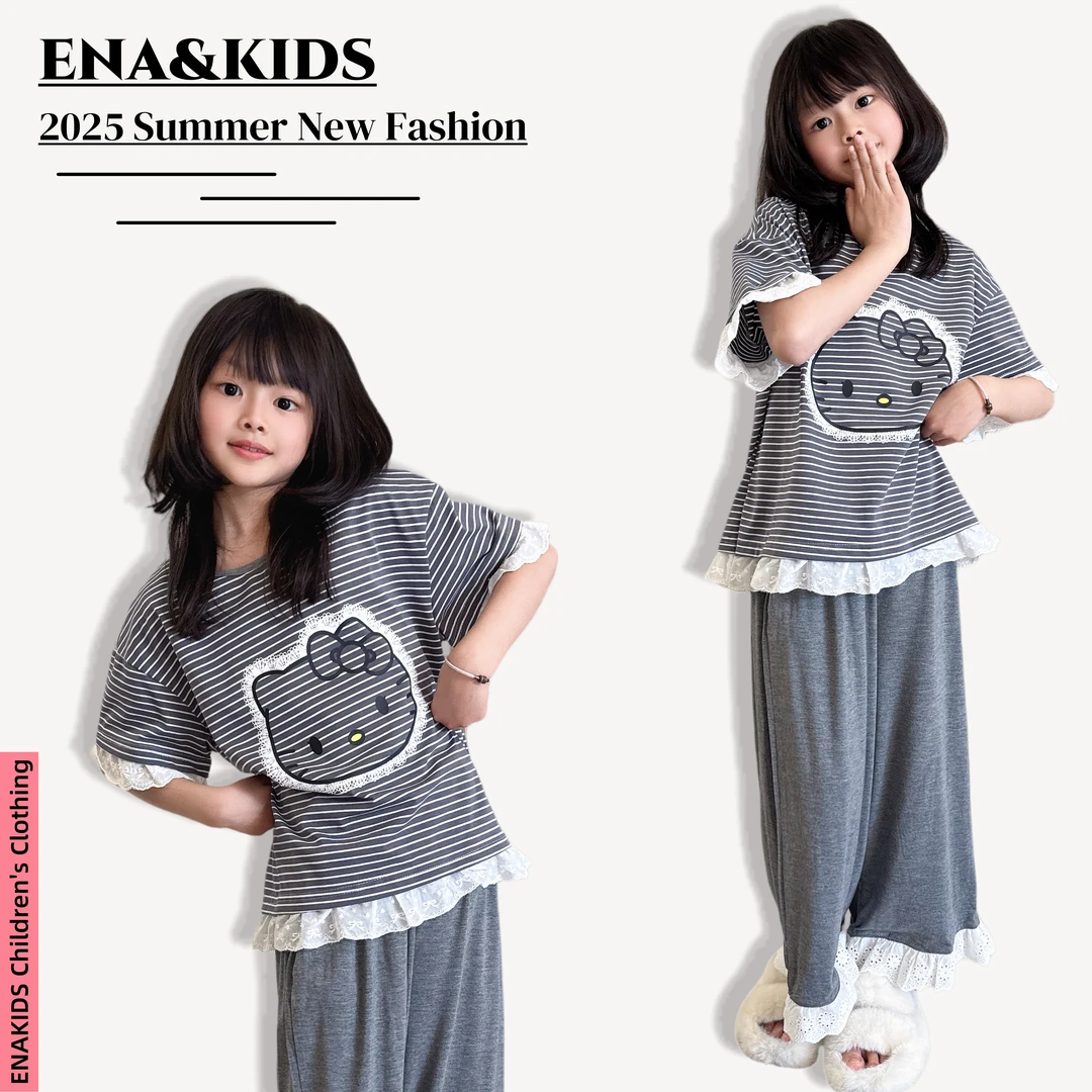 ENA恩娜kids【休闲逸趣】春夏女童卡通猫咪蕾丝短袖长裤家居服套装