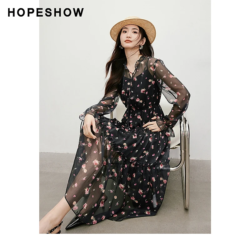 红袖2025秋季新款女装 灯笼袖收腰木耳边领印花连衣裙90125051603