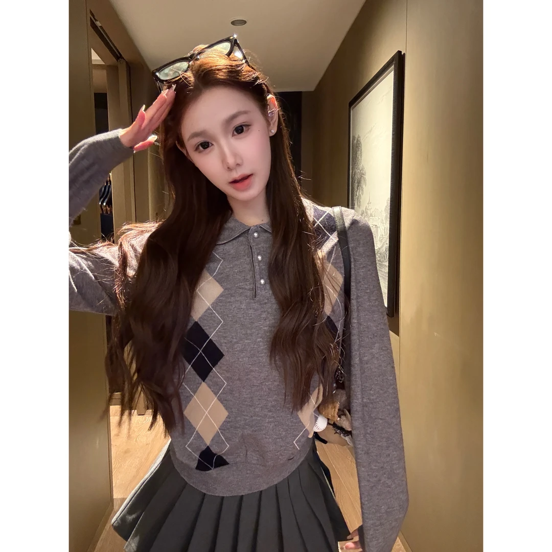【Meng服饰】复古菱格百搭学院风娃娃领毛衣针织衫上衣+半裙