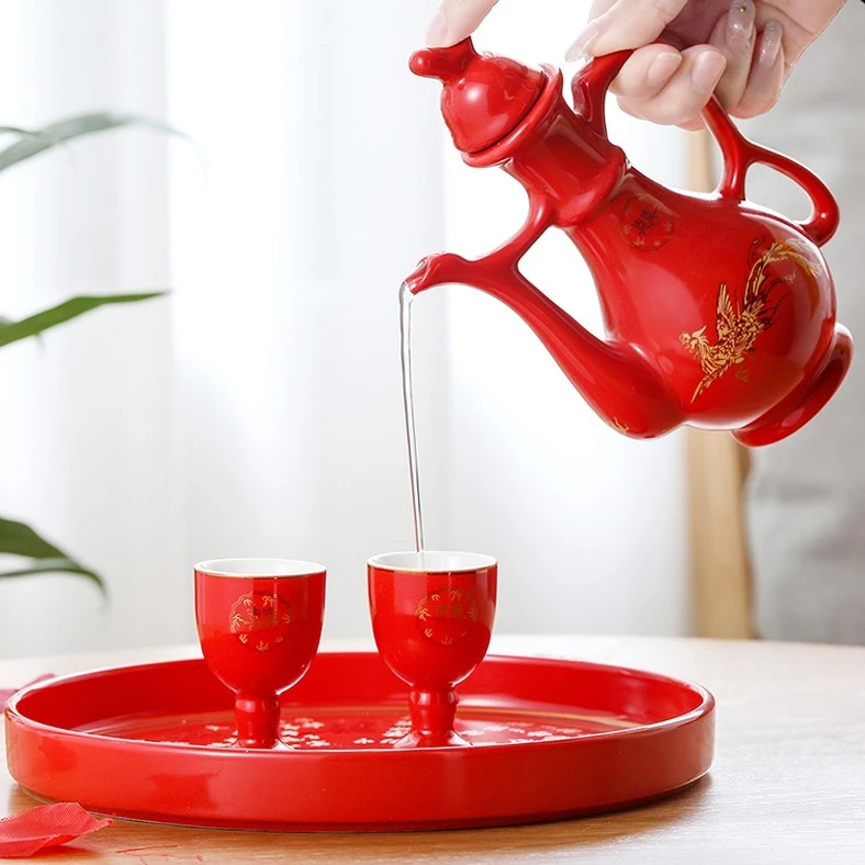 中国红陶瓷酒具套装中式婚礼酒壶婚宴敬酒杯喜庆分酒器结婚庆交杯