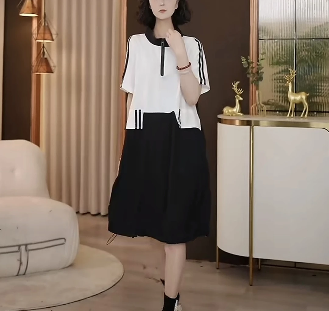 连衣裙夏季新款拼接百搭短袖休闲设计感8873