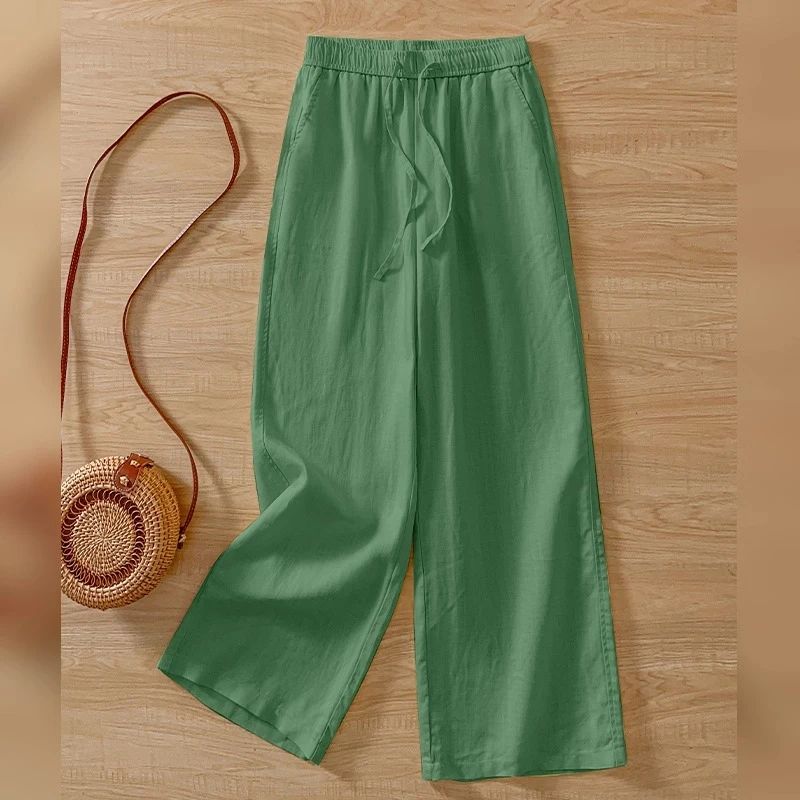 绿色天丝亚麻阔腿裤女士2025夏季新款松紧高腰宽松轻薄休闲直筒裤