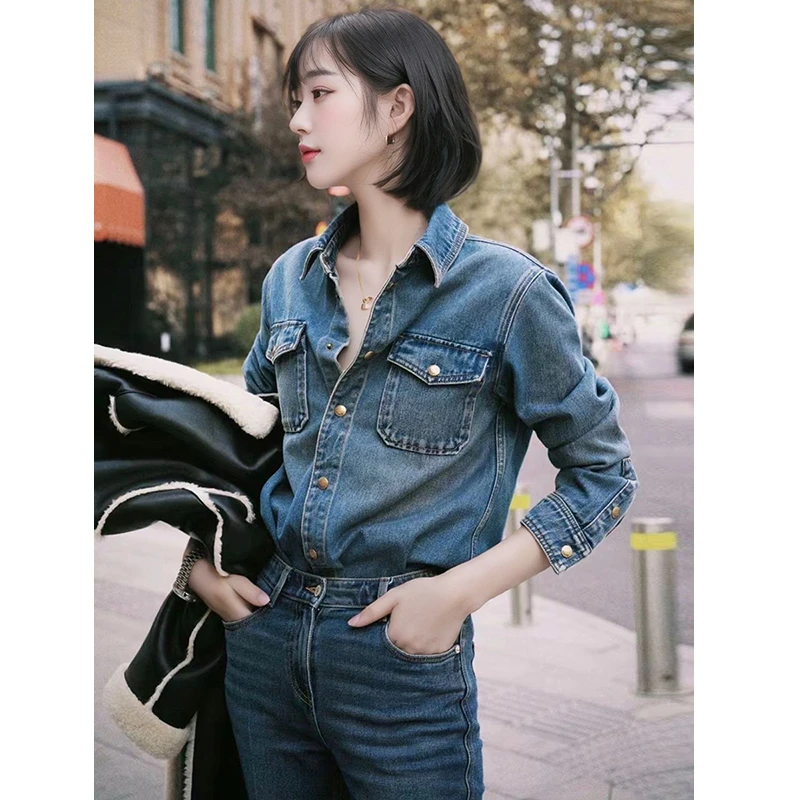 女休闲网红牛仔衬衫时尚外套高级感外穿百搭复古叠穿长袖衬衣上衣