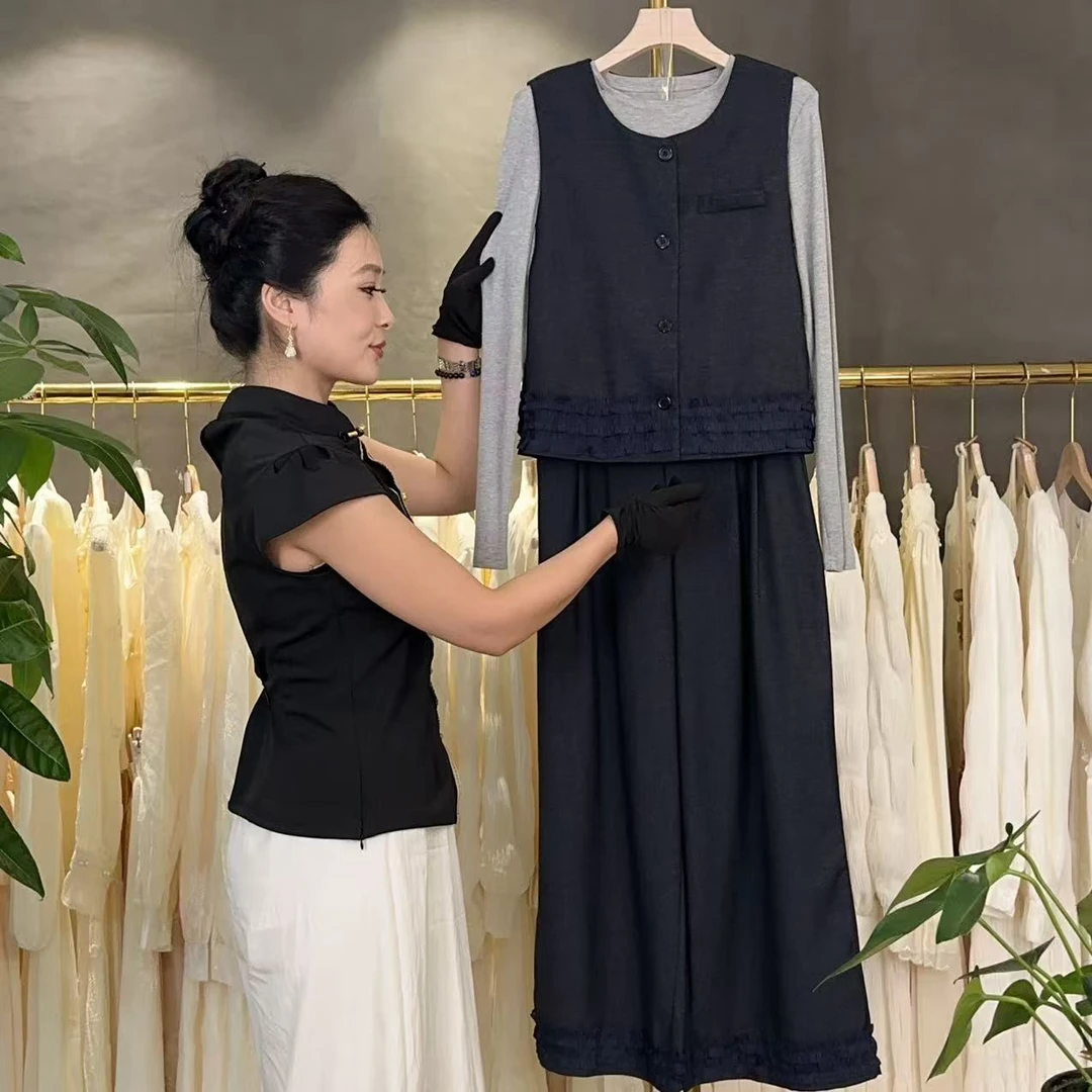 【三件套】2025秋季法式气质长袖上衣+马甲+休闲裤时尚套装M656