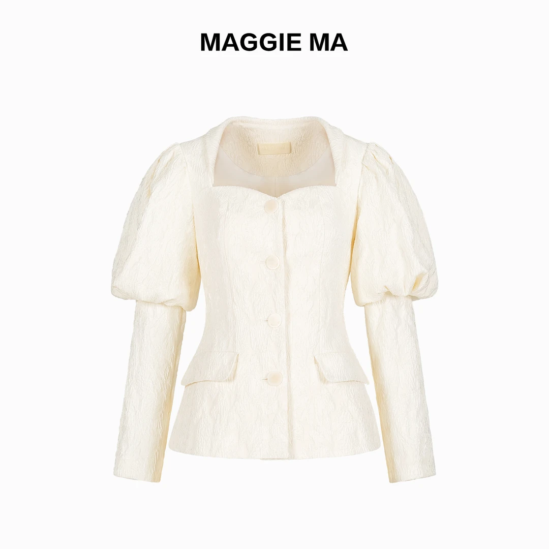 MAGGIE MA马婧设计师款复古灯笼袖小方领修身长袖上衣413S