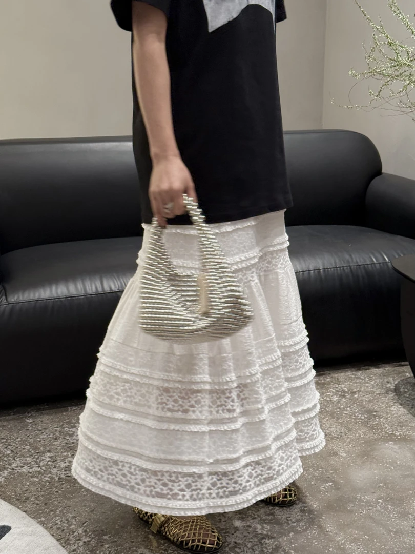 HY-《拼接半裙》早春时尚潮流蕾丝拼接半裙温柔风松紧腰大摆中长裙