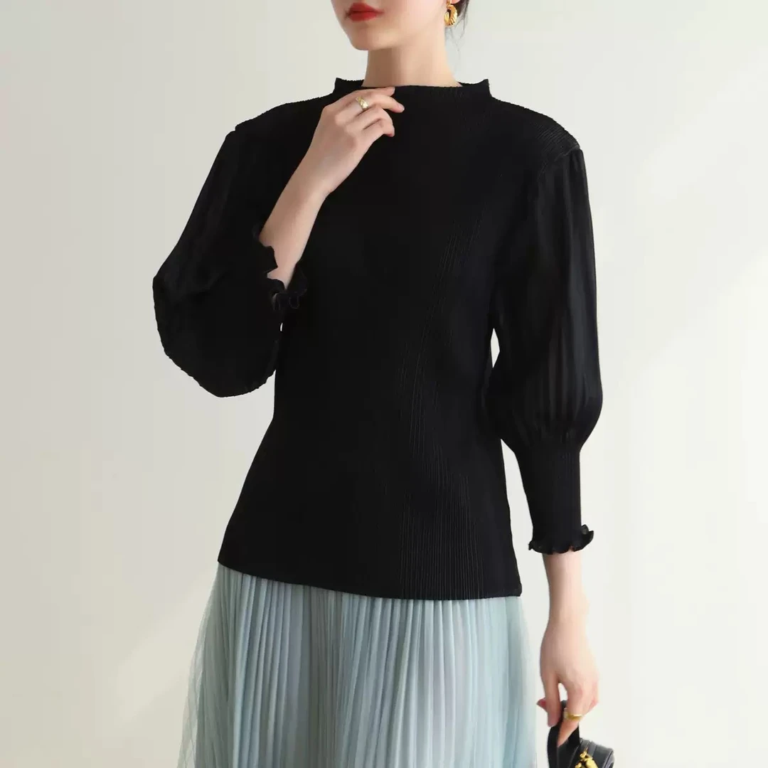 高端时尚褶皱休闲百搭纯色木耳边拼接长袖上衣MA5SYDZ0245