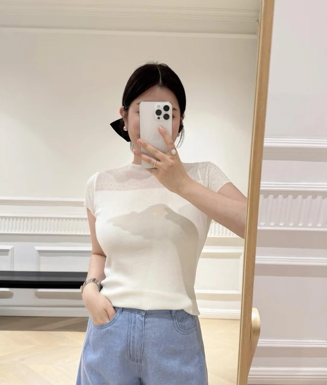 欧货2025夏季新款针织女设计感复古法式微透网纱打底衫短袖上衣