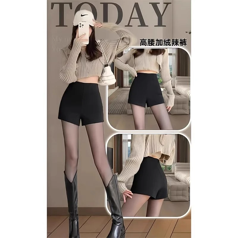 芊芊芙黑色加绒西装短裤女2025春秋新款外穿高腰显瘦加厚A字靴裤