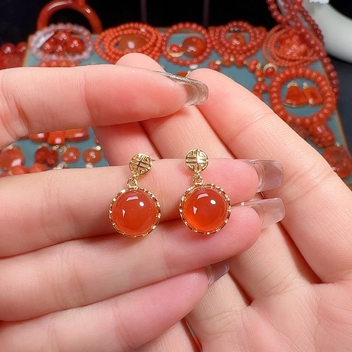 南红玛瑙银S925镶嵌耳饰冰红