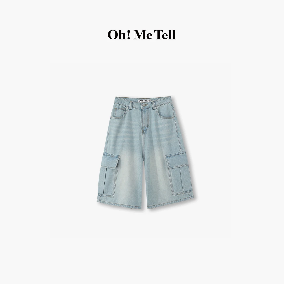 Oh！Me Tell 夏季水洗浅蓝色工装大口袋宽松阔腿五分裤牛仔中裤女