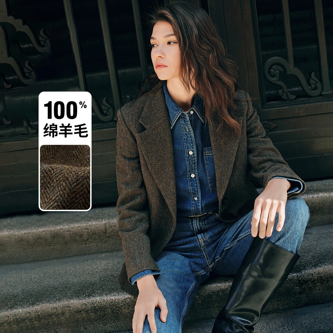 [纯羊毛]navigare意大利小帆船人字纹正肩西装外套女摩登收腰西服