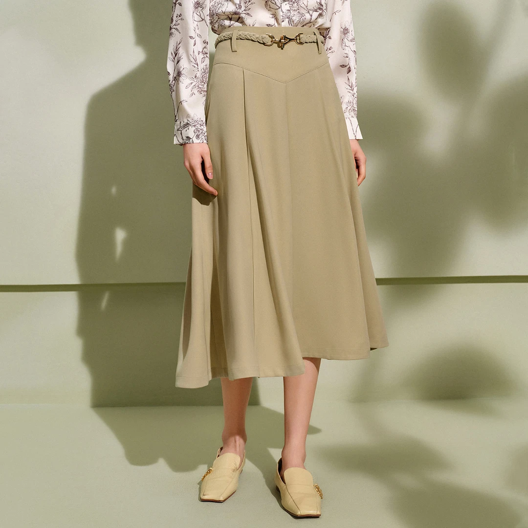 【籽言专属】纯色气质半身裙春季别致腰带设计感时尚A摆中长裙