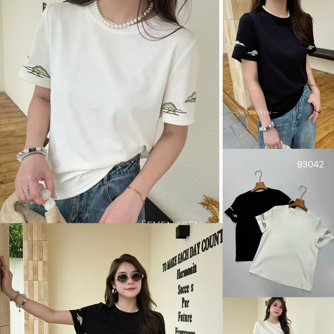 【BAI】秋季新款圆领袖口刺绣气质短袖T恤女93042