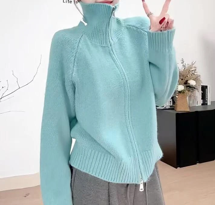 X慵懒风毛衣外套女秋冬新款韩系立领拉链针织开衫
