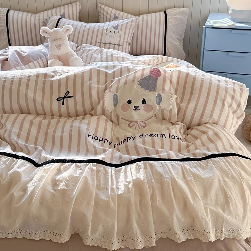 韩式水洗棉纯棉床上四件套全棉公主风床品花边被套床单三件套床笠