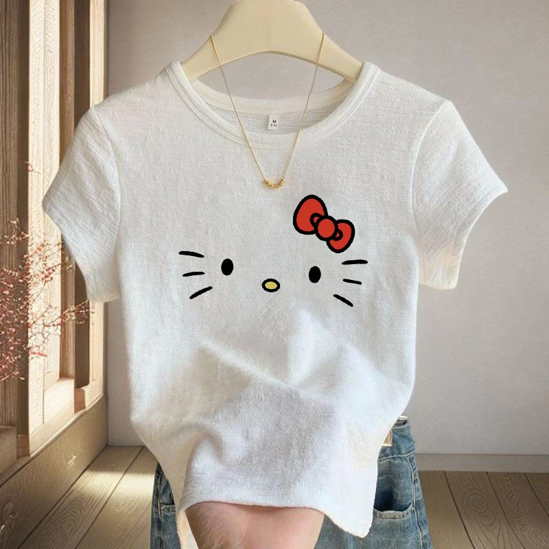 2025夏季竹节棉短袖T恤衫女士高腰短款洋气圆领宽松显瘦白色上衣