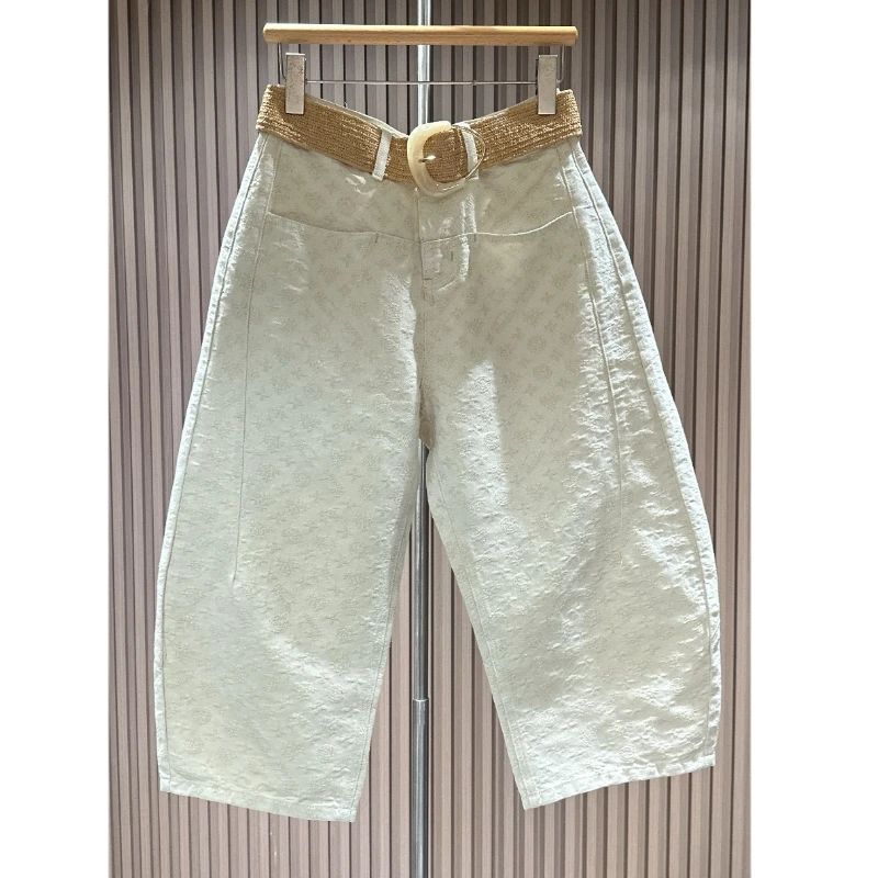 高腰显瘦提花设计百搭休闲八分直筒阔腿牛仔裤