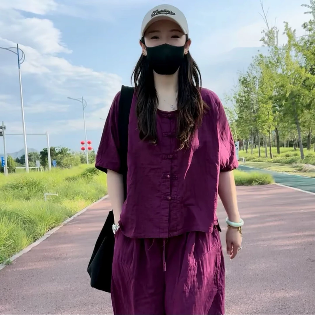 复古休闲宽松上衣+八分裤时尚套装
