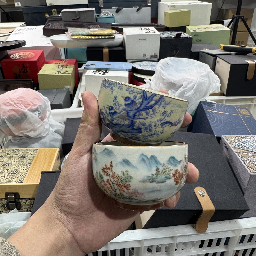 【闪购商品】高端汝窑亭台楼阁铜钱汝窑茶杯加喜上眉梢茶杯LL027