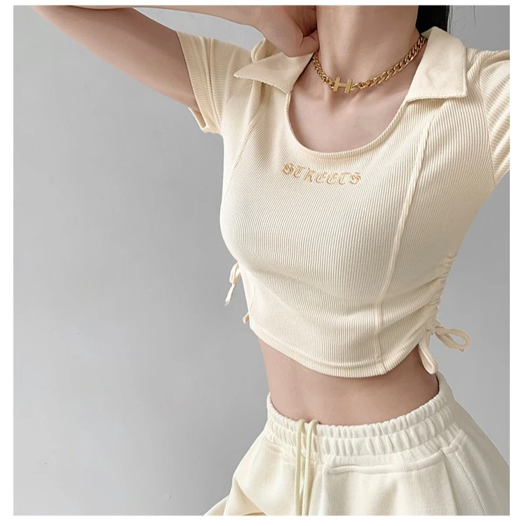 王漂亮 修身翻领短袖针织T恤女辣妹风抽绳收腰短款上衣 WPL22335#