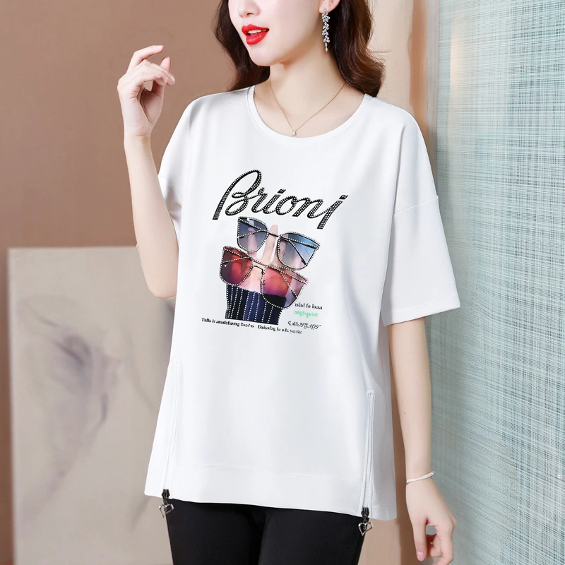 纯棉T恤白色女短袖圆领宽松印花烫钻时尚百搭显瘦设计感上衣