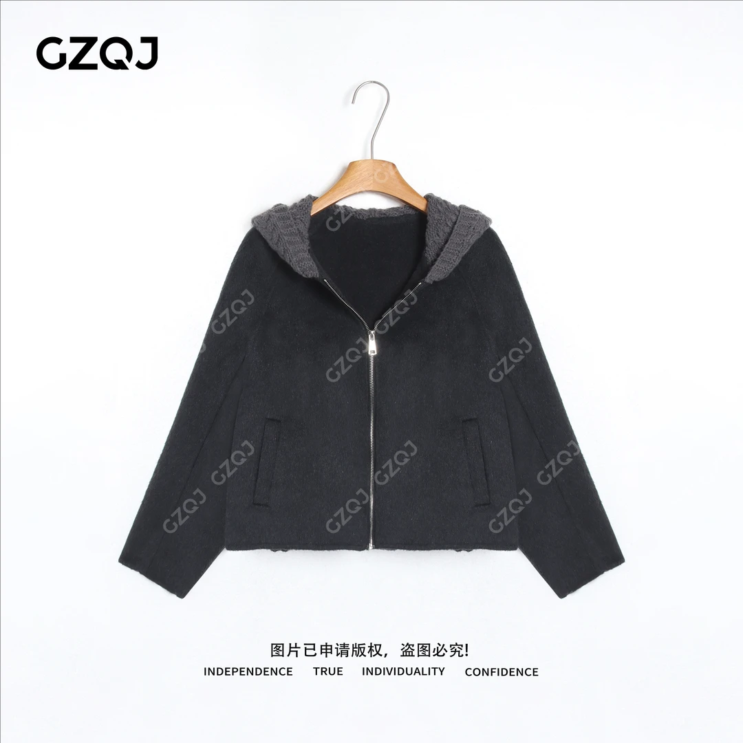 老琴私服 【挪威森林】琥珀流光风极简开衫连帽毛呢外套女秋冬 605